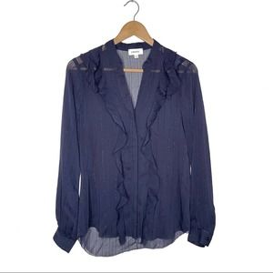 L'agence Sheer Ruffled Blouse Long Sleeves Navy Blue Button Down Top Size XS